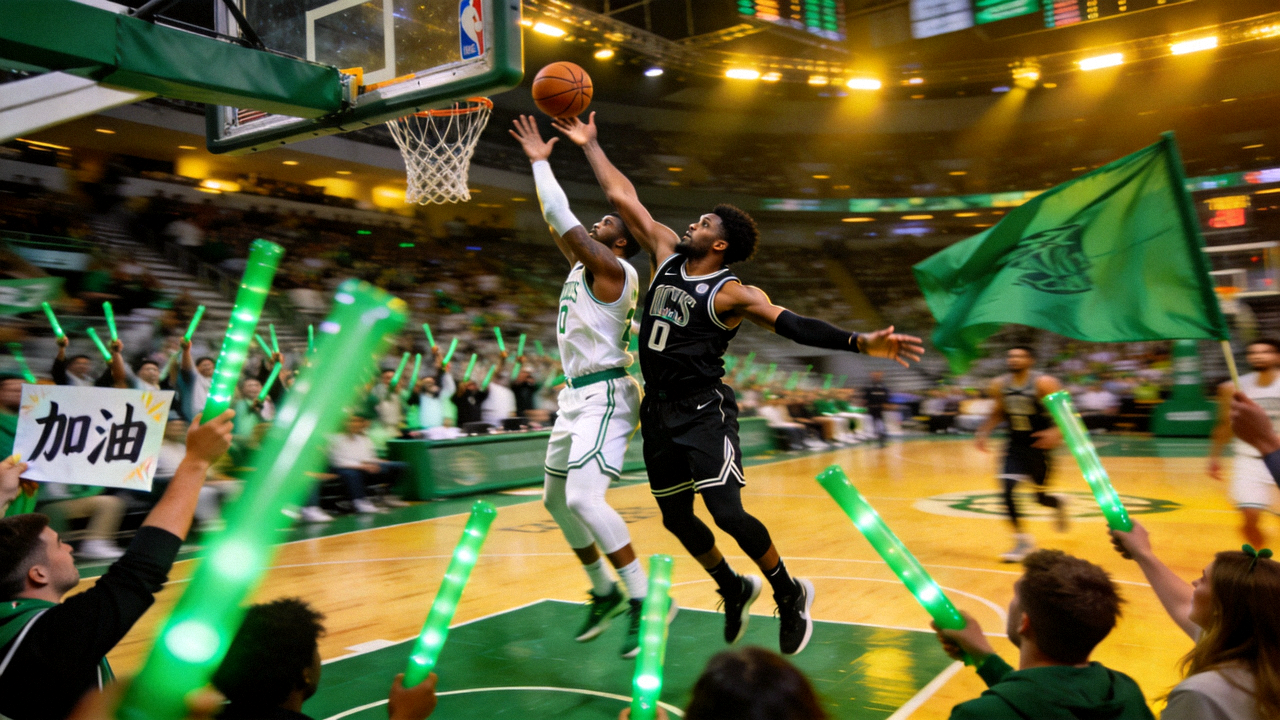 NBA焦点战比赛现场照片，两名球员在篮下激烈对抗，看台球迷挥舞绿色助威道具
