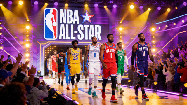 NBA全明星周末活动现场照片，球员在灯光舞台上亮相